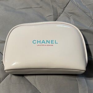CHANEL White Cosmetic Bag with Blue Logo